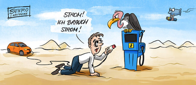 Ein Mann ist in einer Wüste mit einem E-Auto und braucht Strom. Vor ihm ist eine Wallbox.