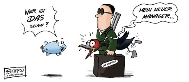 Ein Zeppelin fragt einen Kormoran, wer das ist. Er antwortet, dass es sein neuer Manager ist. Der Manager ist ein Jäger.