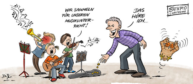 Cartoon über Musikunterricht. Kinder machen schlechte Musik. Die Kinder sammeln Geld für ihren Musikunterricht. Ein Mann gibt ihnen Geld.