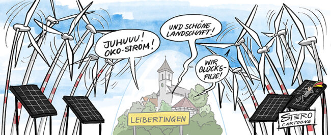 Cartoon- ein kelines Dorf steht umringt von Windrädern und PV-Anlagen unter einer Glaskuppel. Sie wollen Ökostrom haben, aber keine landschaftlichen Auswirkungen.