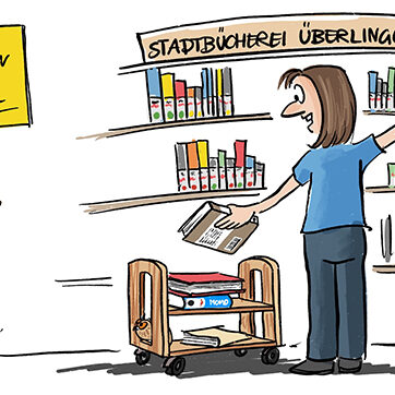 Ein Kind geht in die Stadtbücherei und sagt, dass die Gebühren zu hoch für ihn sind. Die Mitarbeiterin antwortet, wenn du groß bist.