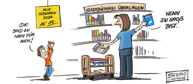 Ein Kind geht in die Stadtbücherei und sagt, dass die Gebühren zu hoch für ihn sind. Die Mitarbeiterin antwortet, wenn du groß bist.