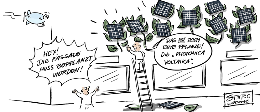Cartoon zu Photovoltaikanlage anpflanzen. Eine Hausfassade wird mit Photovoltaikanlagen bepflanzt.