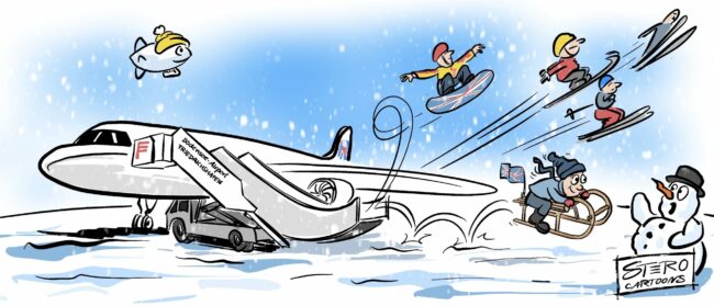 Cartoon zu Wintersporttag. Mehrere Wintersportler machen Sport an einem Flughafen.