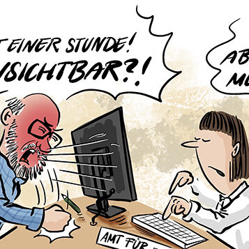 Cartoon zu Scheintot. Ein Mann, der seit einer Stunde wartet frag, ob er unsichtbar ist, die Person am Schalter sagt, dass er laut ihrer Akte tot ist.