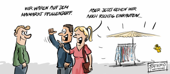 Zwei Leute kommen grad vom Maimarkt und sagen, dass sie jetzt noch richtig einkaufen gehen.