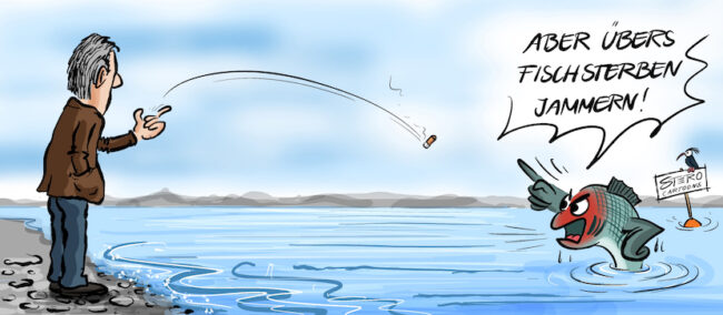 Cartoon zu Fischsterben. Ein Mann, der übers Fischsterben jammert, schnipst eine Zigarette ins Wasser.