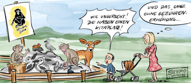 Cartoon zu Kitaplatzproblem. Eine Mutter läuft mit ihrem Kind an einem Tiergehege vorbei und das Kind findet es ungerecht, dass die einen Kitaplatz haben.