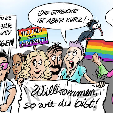 Cartoon zum Christopher Street Day. Menschen sind auf dem CSD und unterhalten sich über die kurze Strecke in Überlingen.