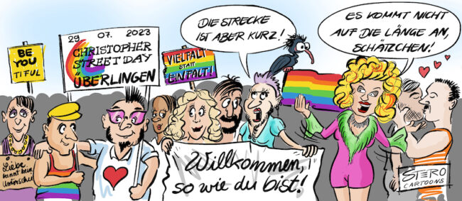 Cartoon zum Christopher Street Day. Menschen sind auf dem CSD und unterhalten sich über die kurze Strecke in Überlingen.