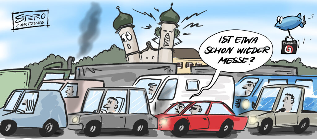 Zwei Kirchtürme halten sich die Ohren zu wegen des Lärms im Verkehr.