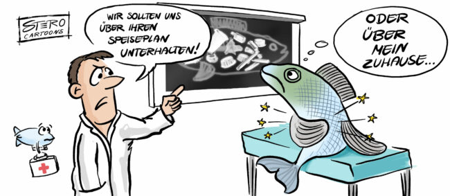 Cartoon zu Mikroplastik im Wasser und Meer. Ein Fisch sitzt beim Arzt wegen Bauchschmerzen. Der Arzt sagt, dass sie sich mal über seinen Speiseplan unterhalten müssen. Der Fisch denkt sich, oder über mein Zuhause.