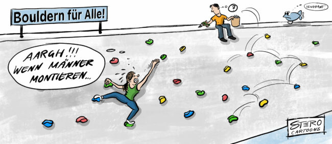 Ein Mann und eine Frau bouldern, aber der Mann hat die Griffe angebracht. Dadurch schafft es die Frau nicht hoch.