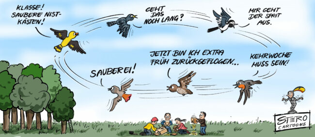 Ein paar Vögel fliegen über Kinder hinweg, die gerade Nistkästen sauber machen. Die Vögel geben ein paar Bemerkungen ab.