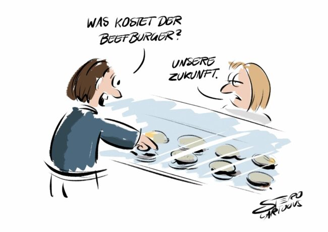 Ein Mann fragt, was der Beefburger kostet, die Verkäuferin antwortet, dass der Burger unsere Zukunft kostet.