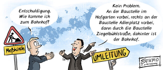 Ein Mann fragt nach dem Weg zum Bahnhof, doch der andere Mann beschreibt ihm eine Baustellen Odyssee.