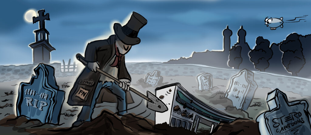 Cartoon zu Bauvorhaben wird begraben. Ein Totengräber auf einem Friedhof.