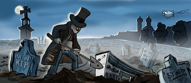 Cartoon zu Bauvorhaben wird begraben. Ein Totengräber auf einem Friedhof.