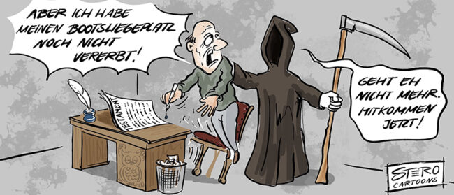 Ein Mann wird von dem Sensenmann geholt, doch der Mann will noch seinen Bootsliegeplatz vererben. Der Sensenmann sagt, geht eh nicht und nimmt ihn mit