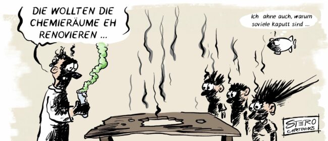 Einem Chemielehrer ist in einem Fachraum etwas explodiert und er sagt, dass die die Chemieräume eh renovieren wollten.