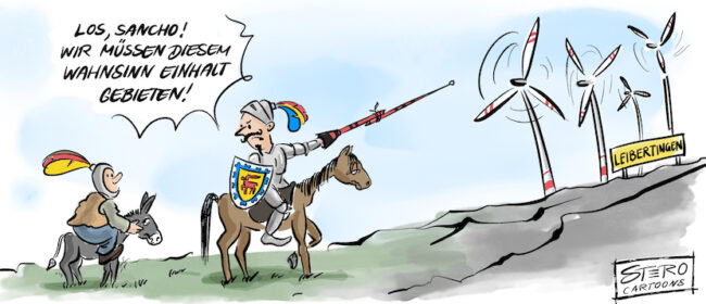 Cartoon zu Windkraft. Don Quijote und Sancho Panza reiten gemeinsam gegen Windmühlen. In diesem Fall Windräder. Eine Allegorie auf den Kampf gegen Windmühlen, den manche Windkraftgegner führen.