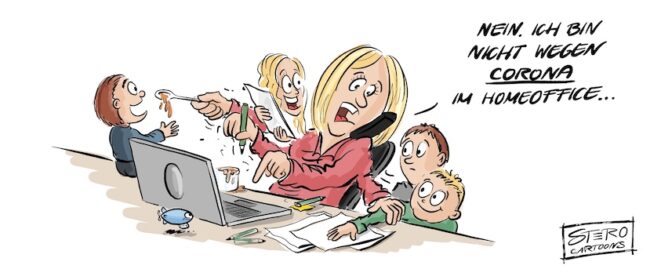 Eine Mutter im Homeoffice mit vier Kindern sagt am Telefon, dass sie nicht wegen Corona im Homeoffice ist.