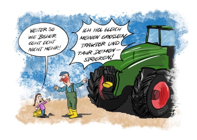 Ein Kind mit einem Friday for Future Schild zeigt einem Bauern, dass es wirklich nicht mehr so weitergehen kann, wie bisher. Der Bauer sagt, dass er gleich seinen großen Traktor holt und demonstrieren fährt.