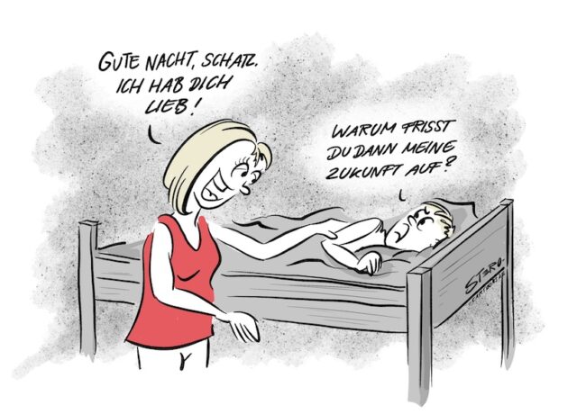 Eine Mutter sagt ihrer Tochter, als sie diese im Bett liegt, dass sie sie lieb habe. Die Tochter fragte ihre Mutter, warum sie dann ihre Zukunft auffresse.