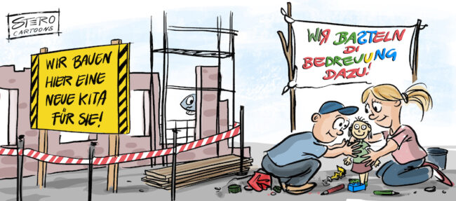 Cartoon zu Fachkräftemangel in Kitas. Zwei Kinder basteln sich selber eine Betreuung. Wegen Fachkräftemangel in Kitas.