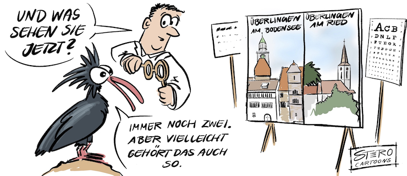 Cartoon, Optiker und Sehtest. Ein Vogel sitzt beim Optiker und macht einen Sehtest und verwechselt zwei Städte.