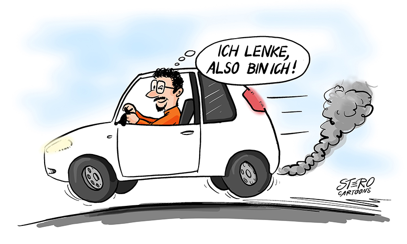 Ein Mann sitzt in einem weißen Cartoonauto, einem Fiat Punto und denkt: Ich lenke, also bin ich. Eine Anspielung auf Sokrates: Ich denke, also bin ich.
