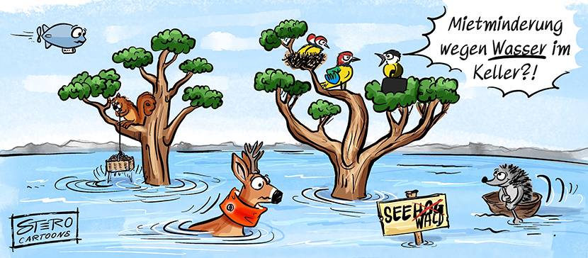 Cartoon-Karikatur-Comic: Hochwasser. Der See breitet sich bis in den Wald aus. Eine Vogelmama beklagt sich beim Vermieter. Sie will Mietminderung, weil Wasser im Keller ist.