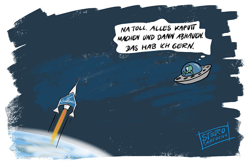 Cartoon-Karikatur-Comic: Ein Raumschiff verlässt die kaputte Erde. Ein Alien Außerirdischer in einem UFO sieht das und sagt empört: Na toll. Erst alles kaputt machen und dann abhauen.