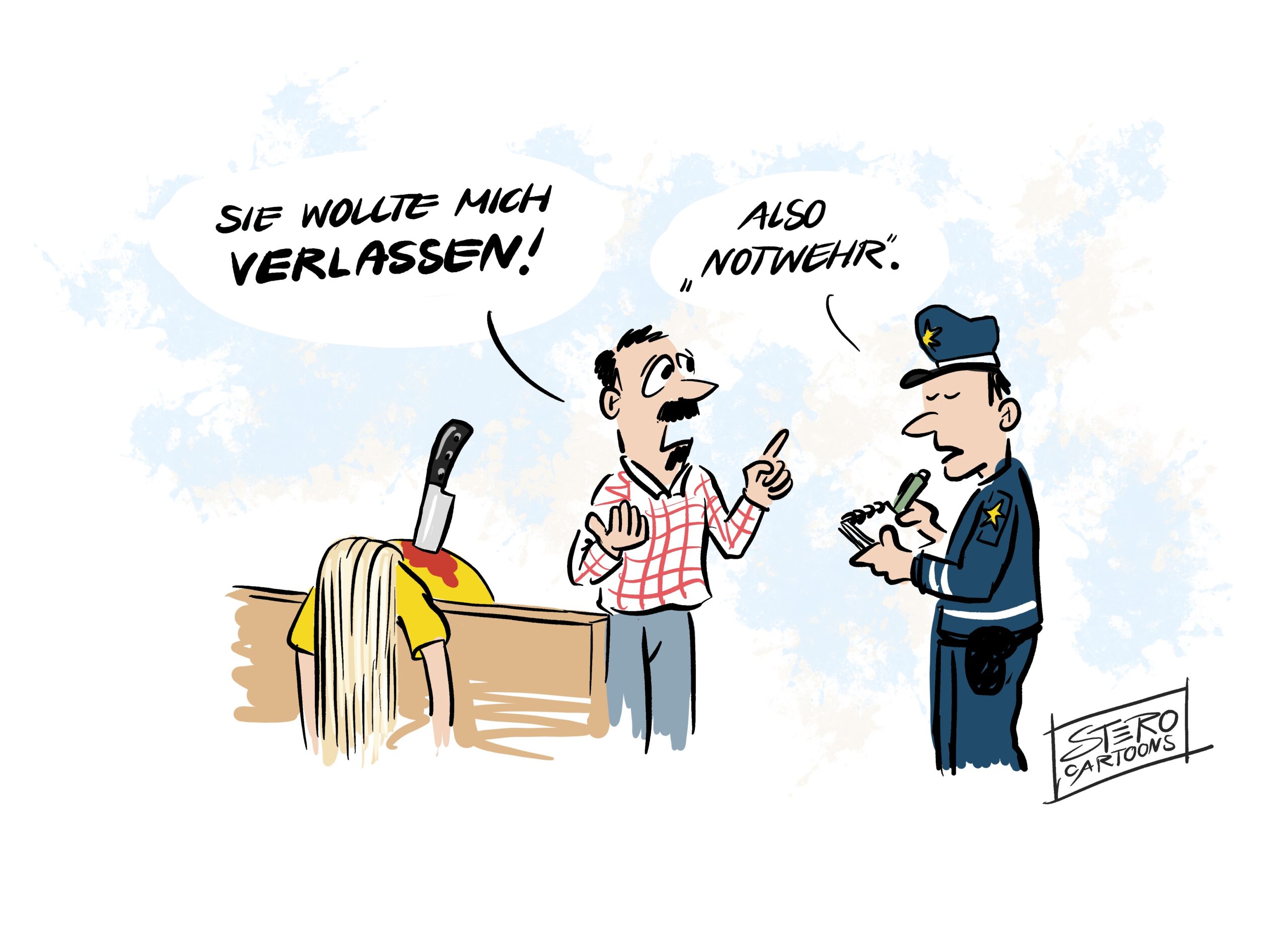Cartoon-Karikatur-Comic: Femizid ein Mann hat eine Frau umgebracht. Als die Polzeit kommt und ihn verhaften will, rechtfertigt er sich mit "Sie wollte mich verlassen" Der Polizist meint lapidar: Also Notwehr"
