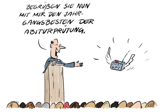 Cartoon-Karikatur-Comic: Ein Rektor begrüßt beim Abiball den Jahrgangsbesten des Abiturs: ChatGPT.
