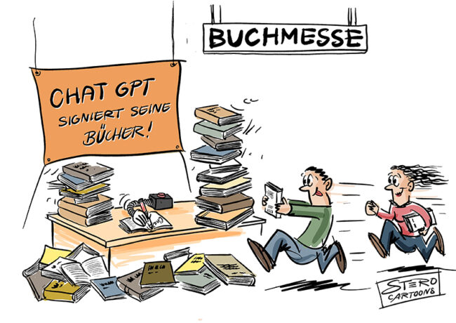 Cartoon-Karikatur-Comic: Buchmesse: ChatGPT signiert seine Bücher, die per KI geschrieben sind.