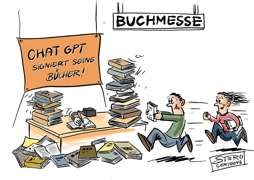 Cartoon-Karikatur-Comic: Buchmesse: ChatGPT signiert seine Bücher, die per KI geschrieben sind.