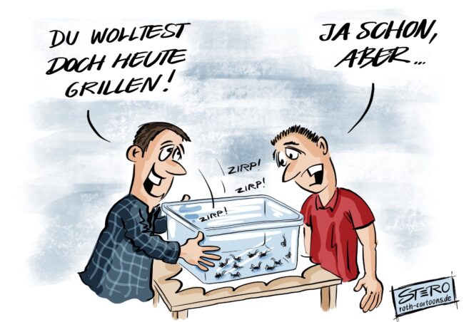 Cartoon-Karikatur-Comic: Ein stellt eine Kiste mit Grillen auf den Tisch. Sein Freund schaut verdutzt. Er sagt: Du wolltest doch heute grillen!
