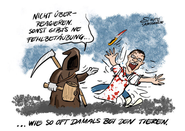 Cartoon-Karikatur-Comic: Der Tod beim Metzger: ruhig, sonst gibts ne Fehlbetäubung wie so oft bei den Tieren.Cartoon-Karikatur-Comic: Der Tod beim Metzger: ruhig, sonst gibts ne Fehlbetäubung wie so oft bei den Tieren.