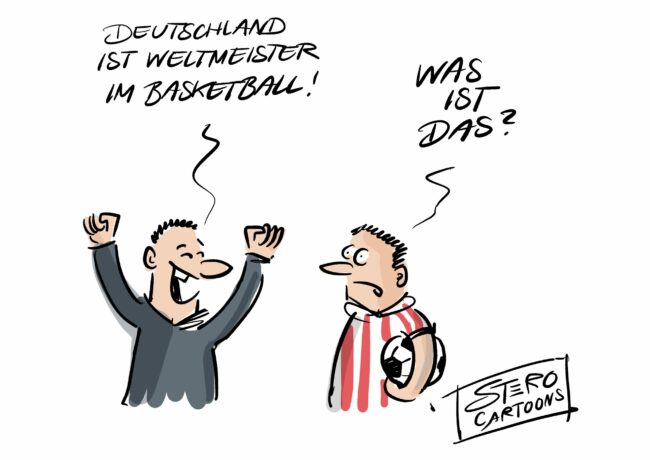 Cartoon-Karikatur-Comic: 2023 wurde Deutschland Weltmeister im Basketball. Ein Fan sagt das seinem fußballbegeisterten Kumpel. Der sagt nur: Was ist das?