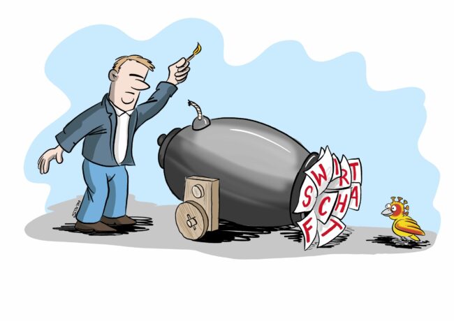 Cartoon-Karikatur-Comic: Eine Kanone, deren Kugel das Wort "Wirtschaft" trägt, zielt auf einen Spatz. Ein Geschäftsmann zündet die Lunte.