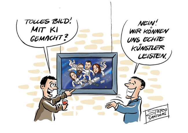 Cartoon-Karikatur-Comic: Eine Person steht vor einem tollen Bild und fragt: Habt ihr das mit KI gemacht? Der Eigentümer antwortet: Nein, wir können uns noch echte Künstler leisten.
