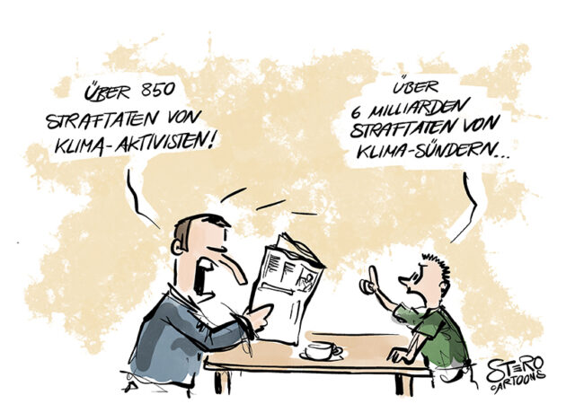 Cartoon-Karikatur-Comic: Ein Mann liest aus der Zeitung vor: Über 850 Straftaten von Klima-Aktivisten. Sein Sohn entgegnet: Über 6 Milliarden Straftaten von Klimasündern
