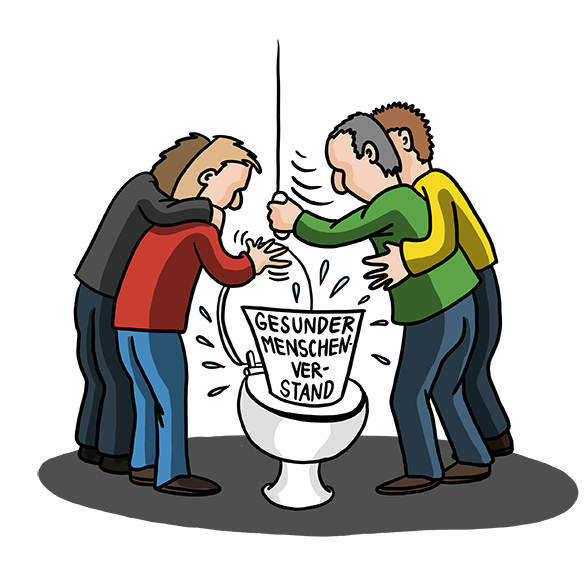 Cartoon-Karikatur-Comic: Eine Gruppe Menschen steht um ein Klo und spült gemeinsam den Begriff: "gesunder Menschenverstand" hinunter.