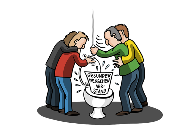Cartoon-Karikatur-Comic: Eine Gruppe Menschen steht um ein Klo und spült gemeinsam den Begriff: "gesunder Menschenverstand" hinunter.