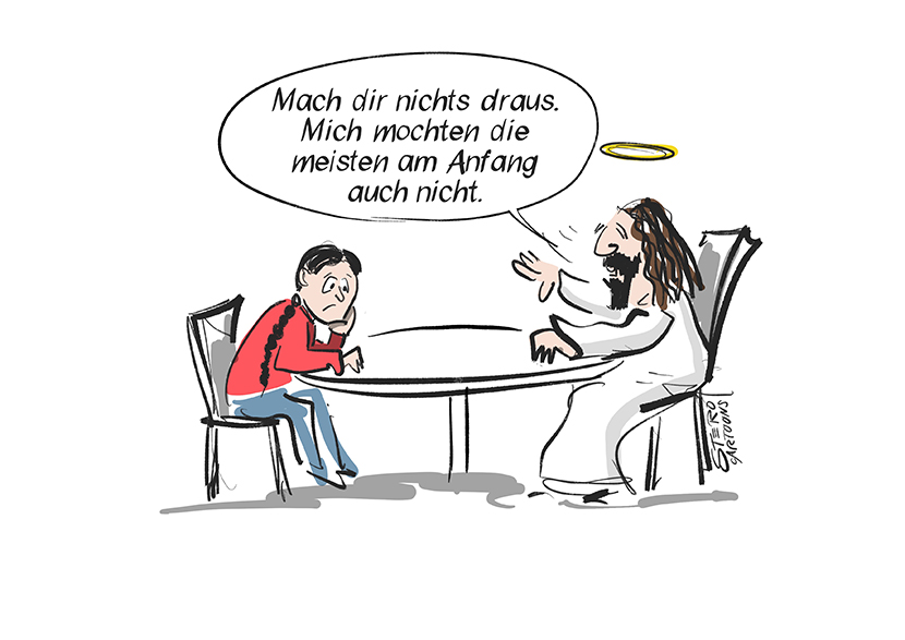 Cartoon-Karikatur-Comic: Greta Thunberg sitzt mit Jesus am Tisch. Sie ist deprimiert. Jesus sagt. Mach dir nichts draus, mich mochten sie am Anfang auch nicht.