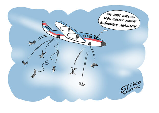 Ein Pilot hat während des Fluges üble Blähungen. Seine Fürze stinken so, dass die Passagiere aus dem Flugzeug springen