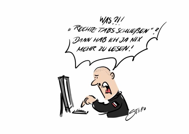 Cartoon-Karikatur-Comic: ein rechtsradikaler Nazi sitzt vor dem PC: Bei der Aufforderung "rechte Tabs schließen" schreit er: Was? Dann hab ich ja nichts mehr zu lesen!