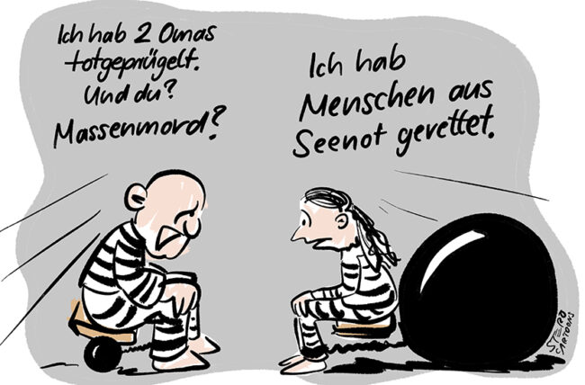 Cartoon-Karikatur-Comic: Carola Rackete sitzt mit einem Schwerverbrecher in einer Zelle. Sie wird gefragt, was Sie verbrochen hat. Ihre Antwort: Menschen aus Seenot gerettet.