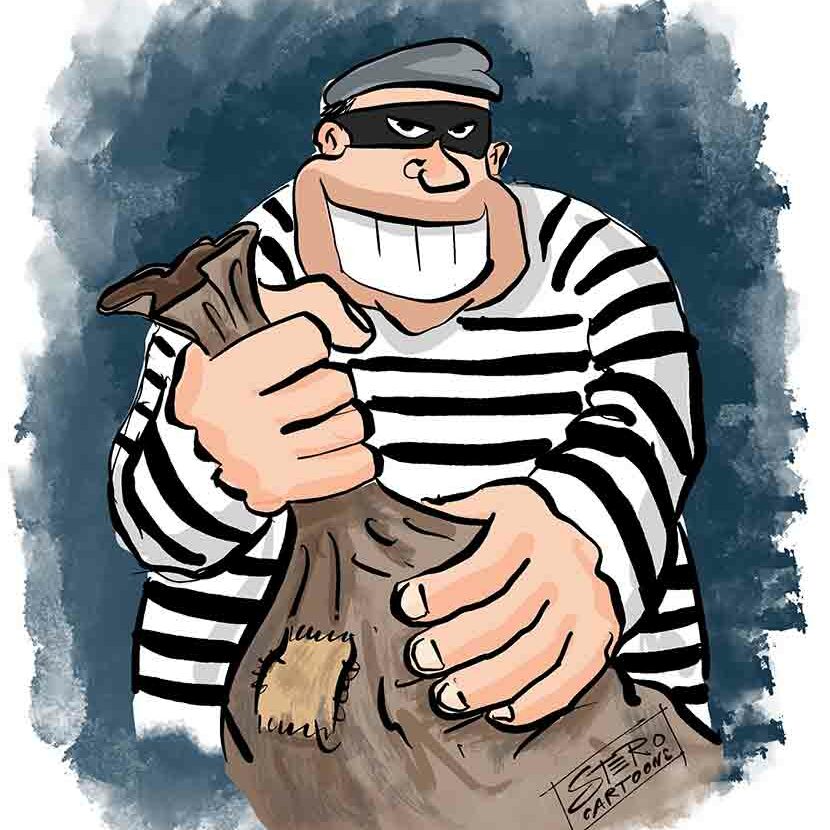 Cartoon-Karikatur-Comic: Ein grinsender fieser Dieb mit Augenmaske. Dieb Theb thieves.